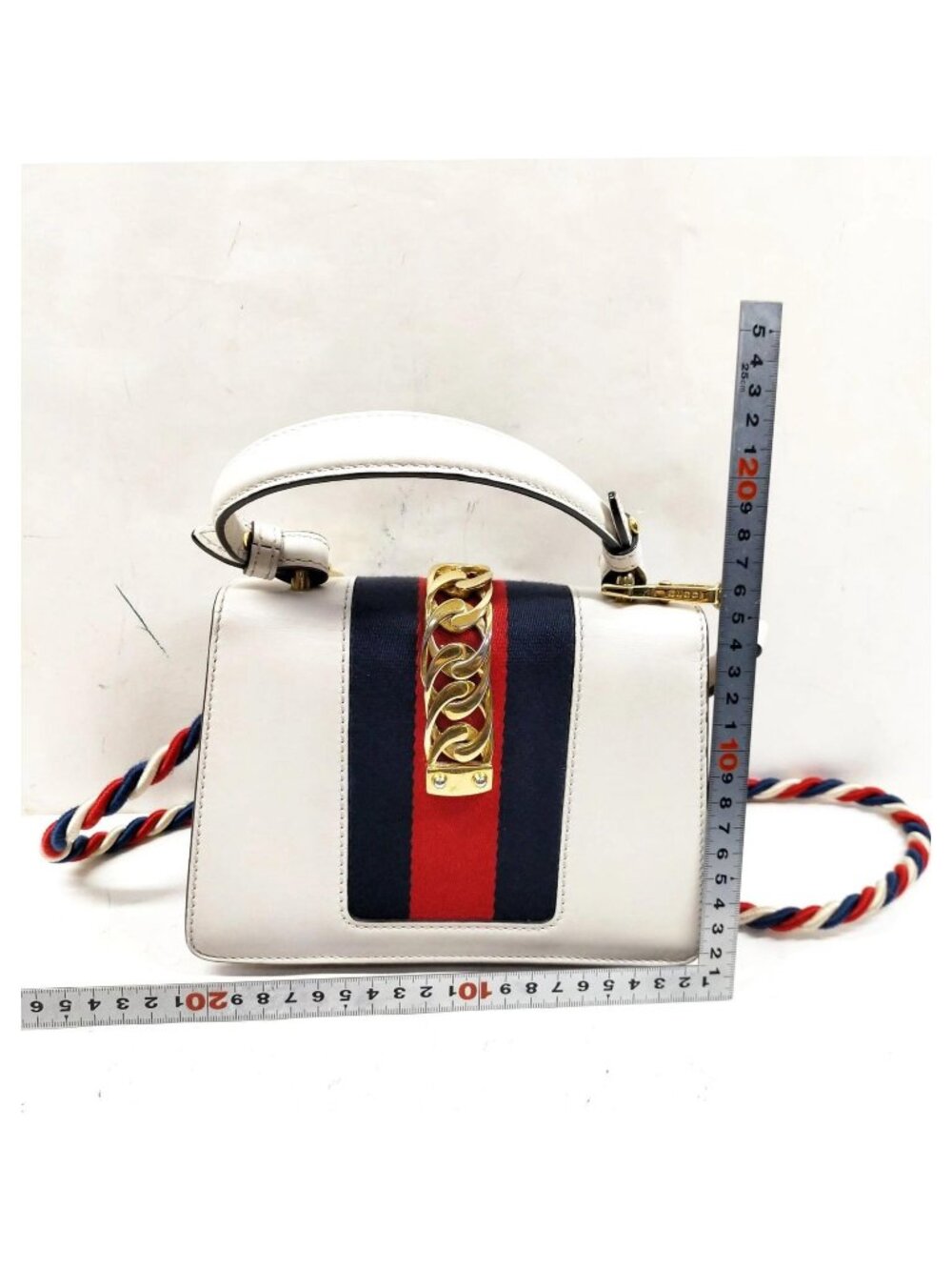 Authentic Gucci Sylvie Mini Top Handle White Leather Web Stripe Chain Crossbody - Picture 3 of 16